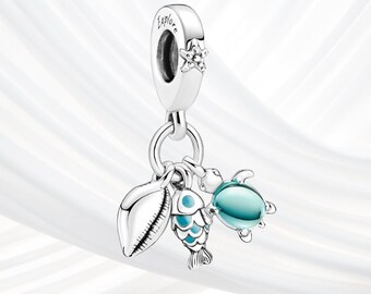 Dije colgante triple de océano en plata de ley con cuentas de pez, tortuga y concha