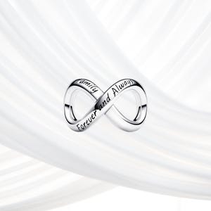 以下が含まれることがあります： 「Family Forever and Always」の文字が刻まれたシルバーのインフィニティチャーム。インフィニティシンボルの形をしており、白い背景に配置されています。