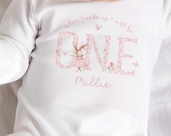 Personalised One Sleepsuit, Baby 1st Birthday Outfit, When I Wake Up One Baby Outfit, Babies Bunny Ballerina First Birthday Sleepsuit