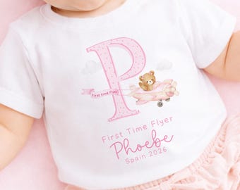 Maglietta personalizzata "Prima volta in volo", completo vacanza per neonati, top, tutina, gilet, abbigliamento da viaggio per bambine per la prima volta in volo.