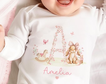 Pijama personalizado para bebé niña, conjunto floral con inicial, body con nombre personalizado, regalo para recién nacida, ropa para bebé niña, conjunto para la salida del hospital.