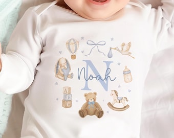 Pijama personalizado para bebé, conjunto azul con inicial, body con nombre personalizado, regalo para recién nacido, ropa para bebé niño, conjunto para la salida del hospital.
