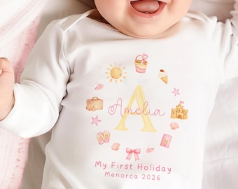 Tutina personalizzata per la mia prima vacanza, completo vacanza per neonati, completo vacanza per bambine, tutina, gilet, completo da viaggio per neonati.