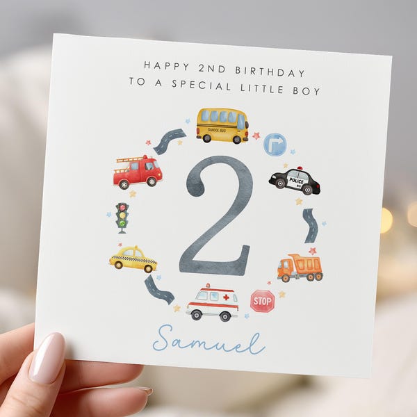 Tarjeta de cumpleaños personalizada con diseño de coche, tarjeta de transporte para 1.er, 2.º y 3.er cumpleaños, tarjeta de coches para niños pequeños, tarjeta para cumpleaños de hijo, nieto o sobrino.