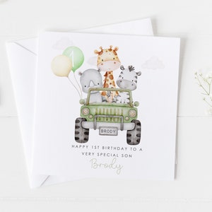 Personalised Safari Truck Card, 1st 2nd 3rd Birthday Card, First Birthday Card, Jungle Animals Card, Any Age Boys, Girls Card, Jungle Truck