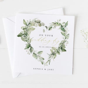 Personalised Wedding Card, Newlyweds Bride and Groom Wedding Card, Greenery Foliage Heart Wreath Wedding Day Card, Mr & Mrs Card