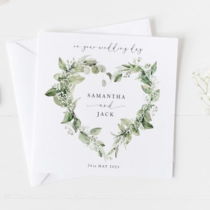 Personalised Wedding Card, Newlyweds Bride and Groom Wedding Card, Greenery Foliage Heart Wreath Wedding Day Card, Mr & Mrs Card image 1