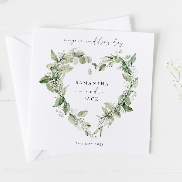 Personalised Wedding Card, Newlyweds Bride and Groom Wedding Card, Greenery Foliage Heart Wreath Wedding Day Card, Mr & Mrs Card