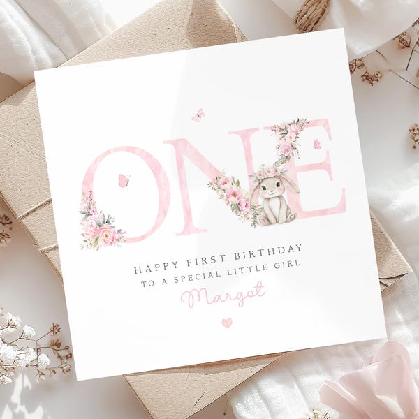 Personalised 1st Birthday Card Girl, Floral One Pink Birthday Card, Baby Daughter Granddaughter Niece Keepsake