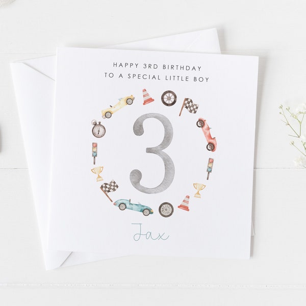 Tarjeta de cumpleaños personalizada con diseño de coche de carreras, tarjeta de carreras para el 1.er, 2.º y 3.er cumpleaños, tarjeta de coches para niños pequeños, tarjeta para cumpleaños de hijo, nieto y sobrino