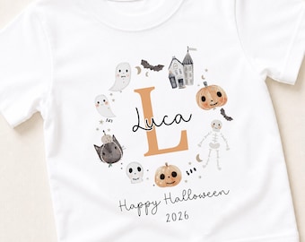 Personalised Kids Halloween T-Shirt, Childrens Halloween Top, Name & Initial Pumpkin Ghost Tee, Halloween Outfit