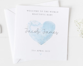Personalised New Baby Card, Newborn Baby Card, Welcome To The World, Watercolour Heart Baby Card, Baby Boy, Baby Girl