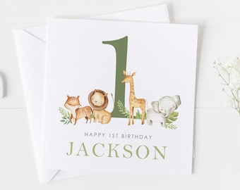 Personalised Safari Animals Card, 1st 2nd 3rd Birthday Card, First Birthday Card, Jungle Animals Card, Any Age Boys, Girls Card