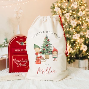 Personalised Christmas Sack, Personalised Santa Elves Sack, Christmas Present Sack, Xmas Toy Sack, Name & Initial, Christmas Gift Bag
