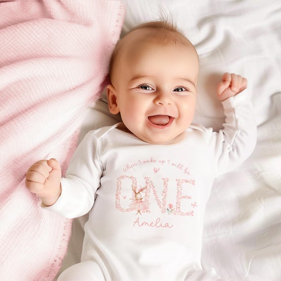 Personalised One Sleepsuit, Baby 1st Birthday Outfit, When I Wake Up One Baby Outfit, Babies Bunny Ballerina First Birthday Sleepsuit