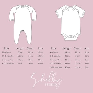 May include: A white baby onesie with long sleeves and a white baby onesie with short sleeves are displayed on a pink background. Measurements for various sizes are listed in centimeters, including length, chest, and arm dimensions.