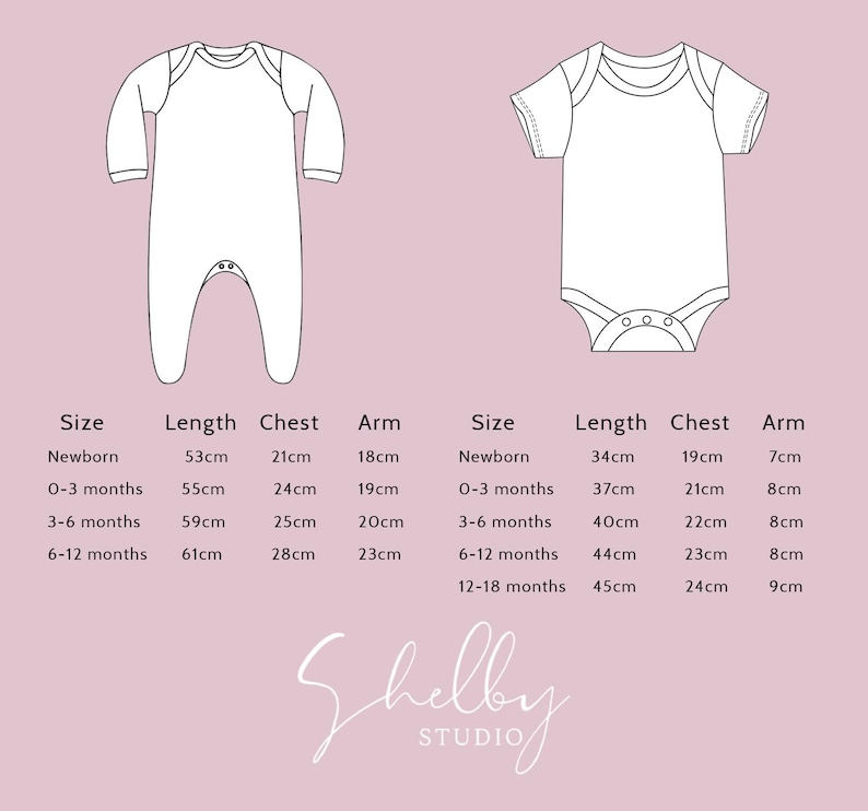May include: A white baby onesie with long sleeves and a white baby onesie with short sleeves are displayed on a pink background. Measurements for various sizes are listed in centimeters, including length, chest, and arm dimensions.