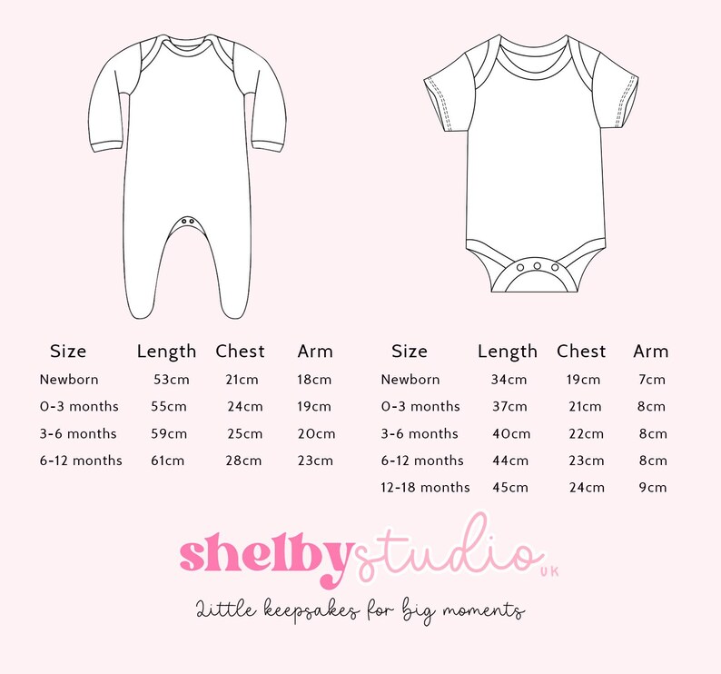 May include: A black and white line drawing of a long-sleeve footed sleeper and a short-sleeve bodysuit. Below the garments are two size charts with measurements in centimetres for length, chest, and arm. The text reads shelbystudio.uk and little keepsakes for big moments.