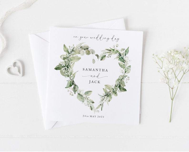 Personalised Wedding Card, Newlyweds Bride and Groom Wedding Card, Greenery Foliage Heart Wreath Wedding Day Card, Mr & Mrs Card image 1