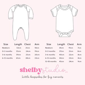 May include: A light pink graphic featuring two baby onesie illustrations, one long-sleeved and one short-sleeved. Size charts in centimetres are included, detailing length, chest, and arm measurements for various ages, from newborn to 12-18 months. The text "shelbystudio" is present.