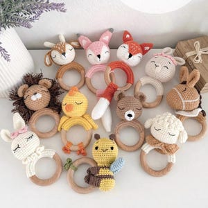 Personalized Crochet Animal Rattle, Organic Baby Teether, Baby Shower Gift