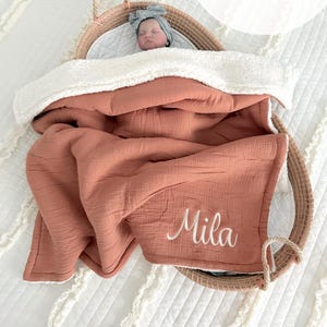 Embroidered Name Baby Blanket: Organic Muslin & Sherpa, Keepsake Gift