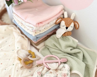 Personalized Baby Washcloth, Muslin Cotton + Fleece Blankie (14x14)