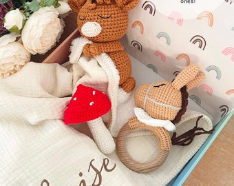 Personalized Baby Gift Set • Organic Lovey with Washcloth, Mushroom and Animal Rattles