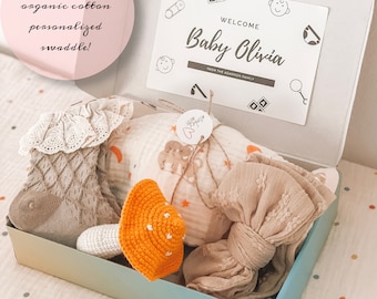 Personalized Newborn Gift Box • Organic Cotton Muslin Swaddle, Mushroom Rattle, Bow & Socks