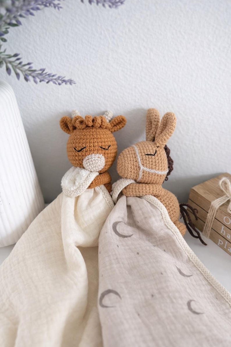 Personalized Crochet Animal Lovey Blankie: Organic Cotton Rattle Toy and Washcloth image 13