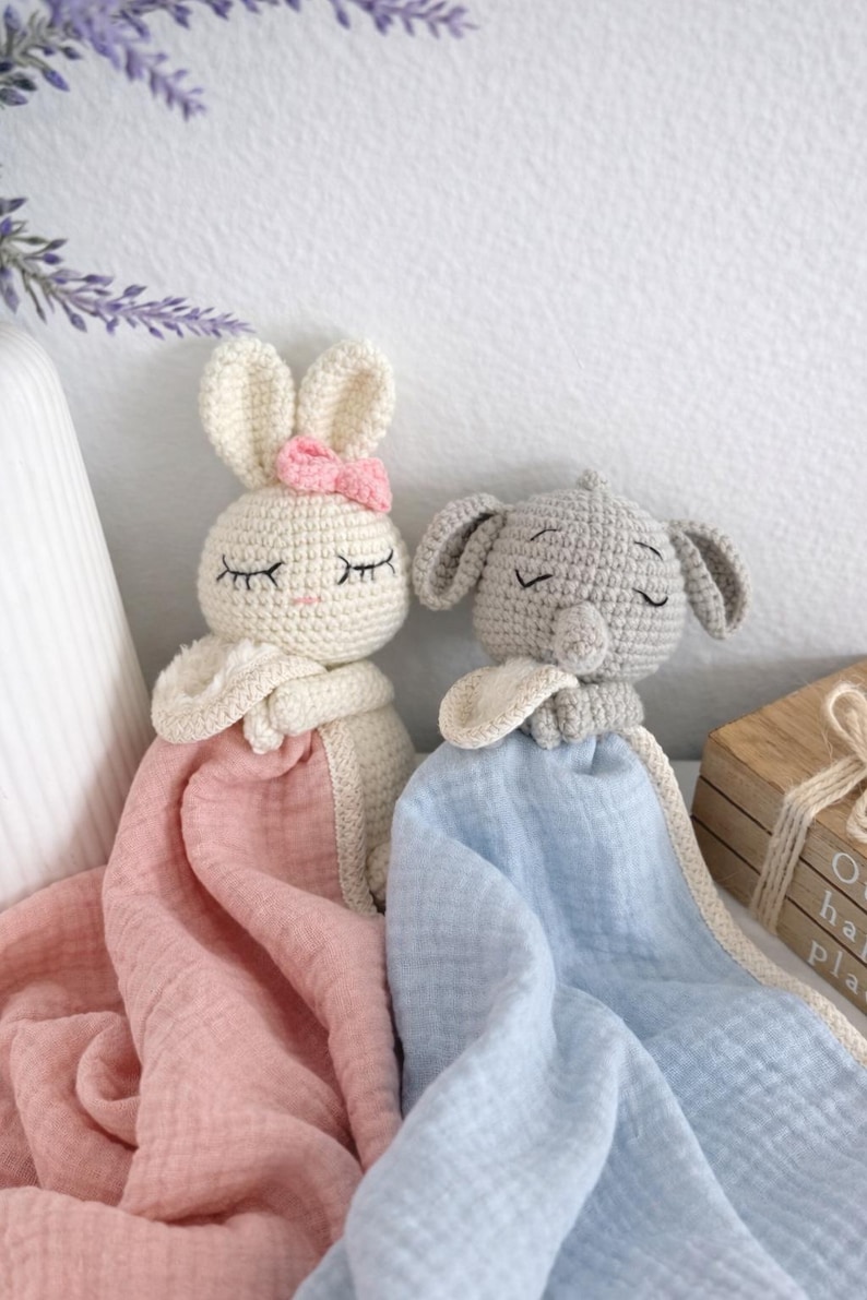 Personalized Crochet Animal Lovey Blankie: Organic Cotton Rattle Toy and Washcloth image 10