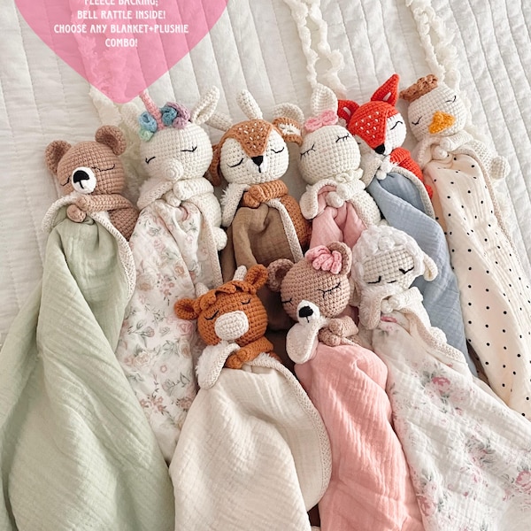 Personalized Crochet Animal Lovey Blankie: Organic Cotton Rattle Toy and Washcloth