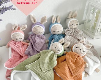 Personalized Baby Lovey: Crochet Bunny Rattle, Muslin Toy