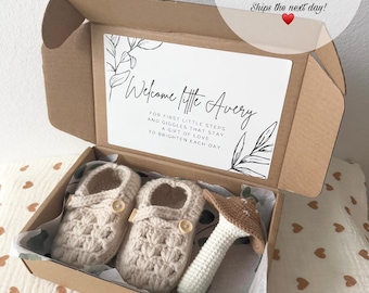 Baby Gift Set • Knit Booties & Mushroom Rattle, Personalized Sticker