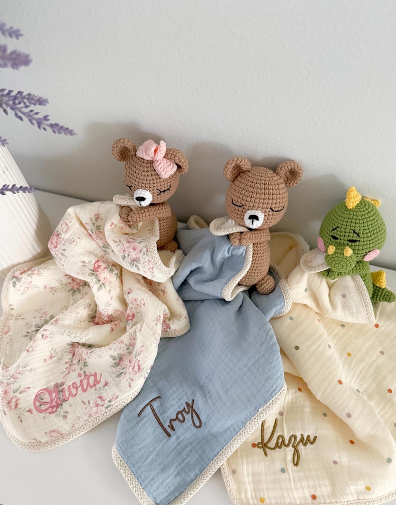 Personalized Crochet Animal Lovey Blankie: Organic Cotton Rattle Toy and Washcloth image 7