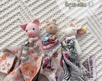 Vintage Organic Cotton Baby Lovey: Embroidered Animal Security Blanket