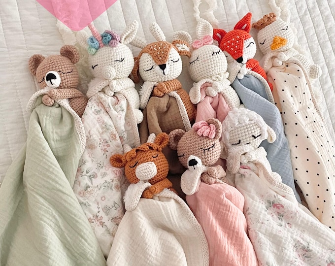 Personalized Crochet Animal Lovey Blankie: Organic Cotton Rattle Toy and Washcloth
