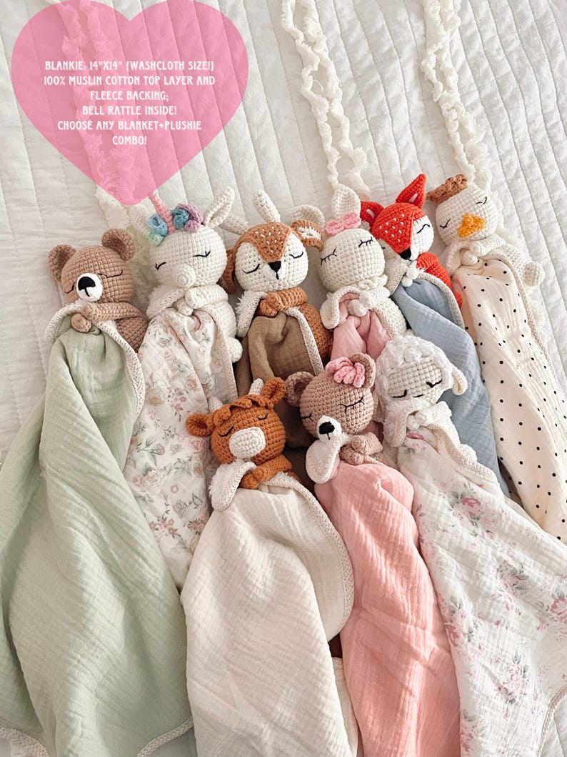 Personalized Crochet Animal Lovey Blankie: Organic Cotton Rattle Toy and Washcloth image 1