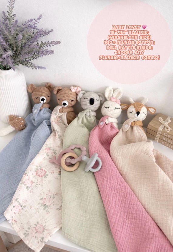 Personalized Baby Lovey: Crochet Animal Rattle, Muslin Blanket