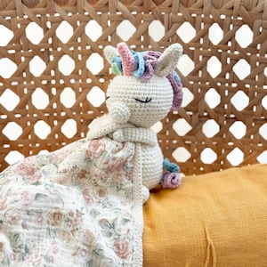 Personalized Crochet Animal Lovey Blankie: Organic Cotton Rattle Toy and Washcloth Unicorn