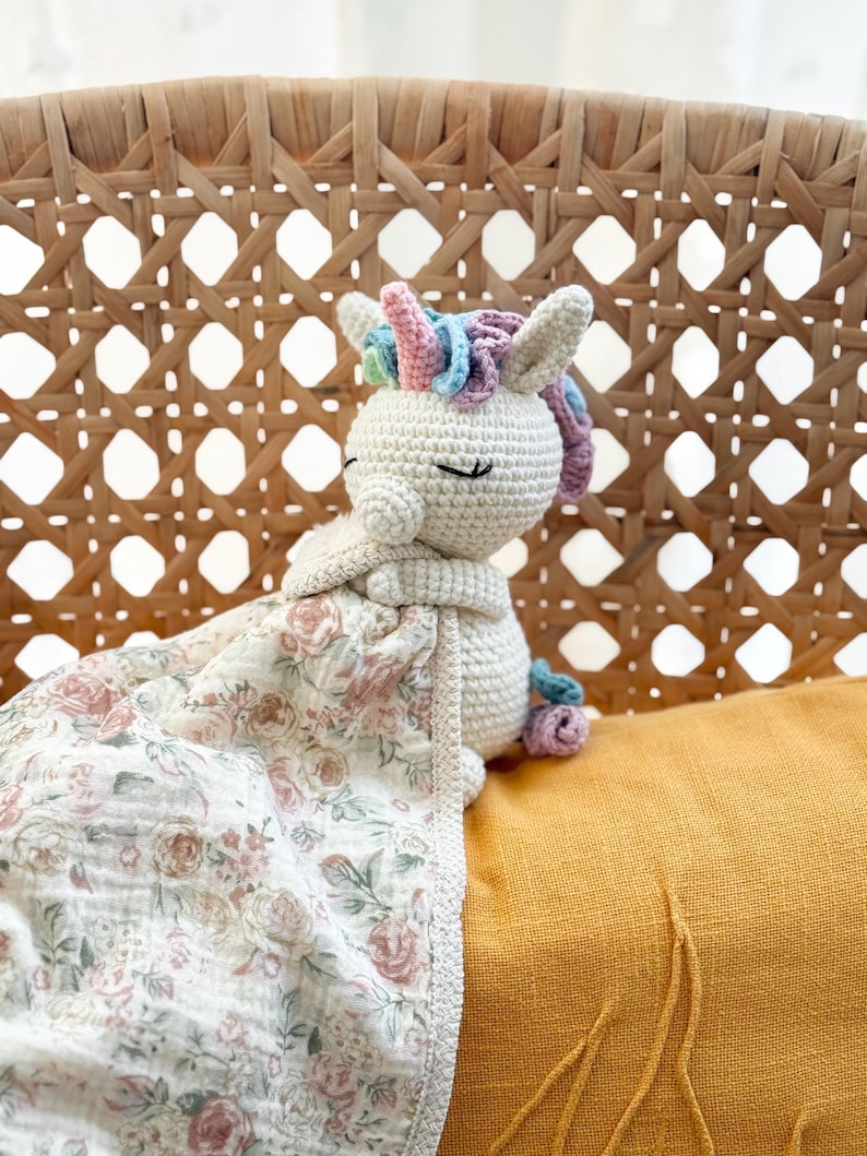 Personalized Crochet Animal Lovey Blankie: Organic Cotton Rattle Toy and Washcloth Unicorn