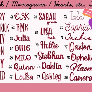 May include: A font selection chart featuring maroon text on a white background, labeled Block / Monogram / Hearts, etc. Fonts. It displays numbered options 55 through 80, showcasing various typography styles, including names like Jerry, Maverick, and Isla, with additional notes for bead stitch and chain stitch options.
