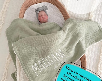 Embroidered Name Baby Blanket: Organic Muslin & Sherpa, Keepsake Gift