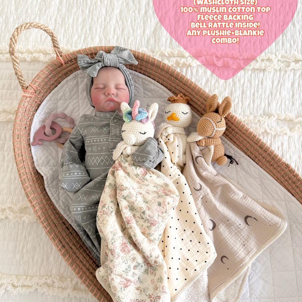 Personalized Baby Lovey: Crochet Animal Rattle, Muslin Blanket