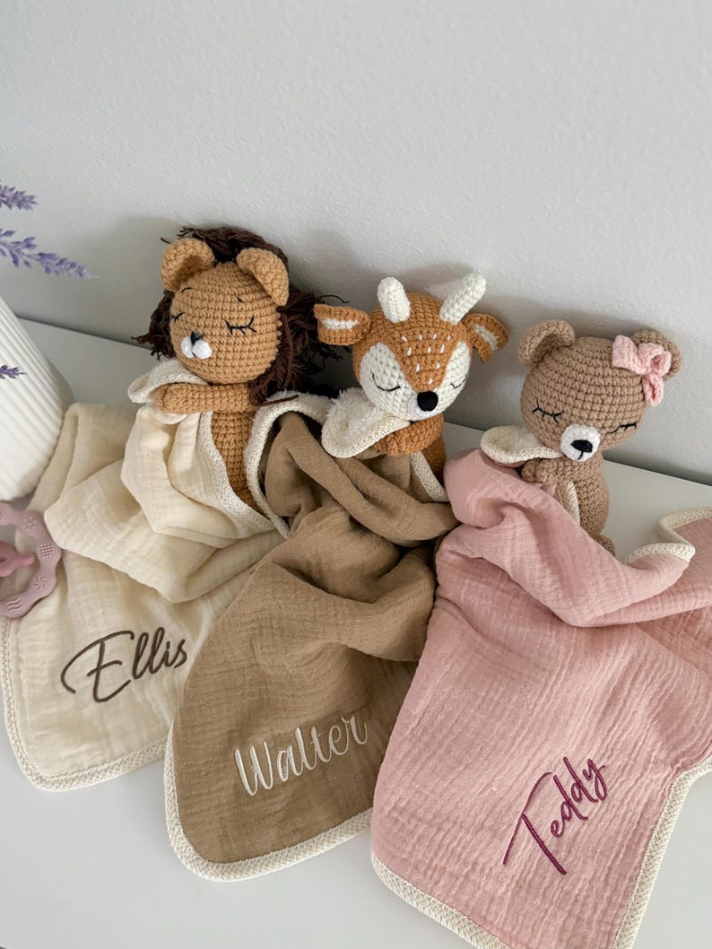 Personalized Crochet Animal Lovey Blankie: Organic Cotton Rattle Toy and Washcloth image 6