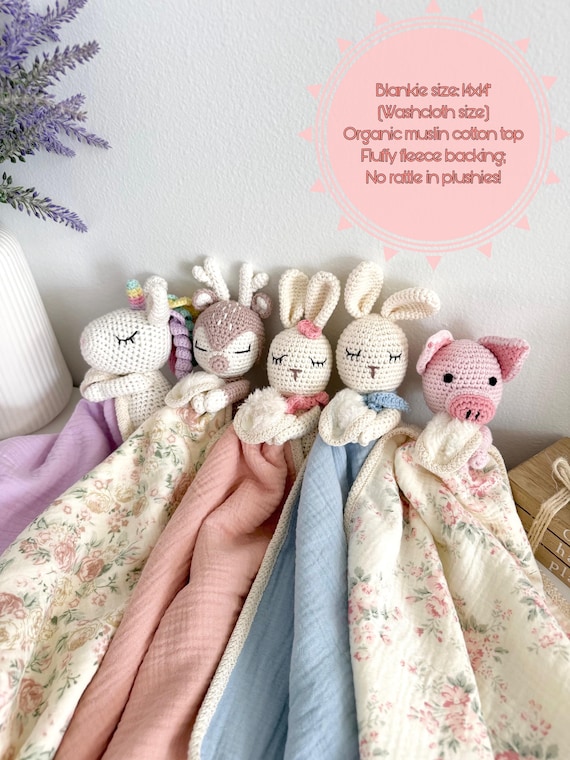 Personalized Organic Cotton Baby Lovey: Crochet Animal Security Blanket