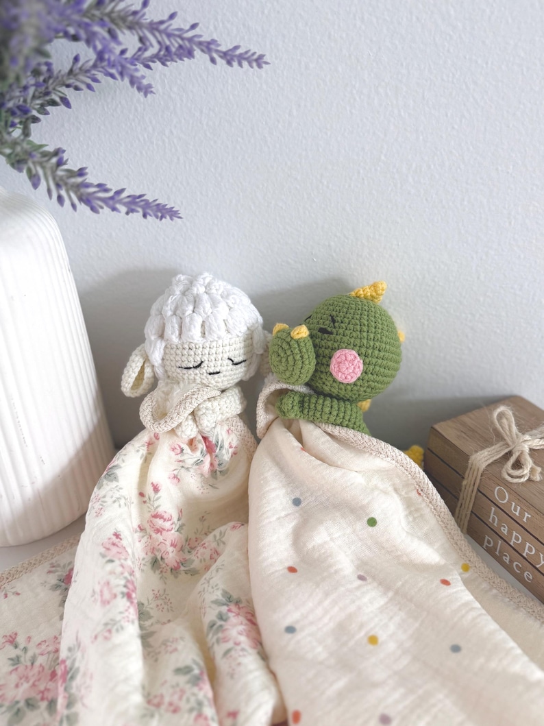 Personalized Crochet Animal Lovey Blankie: Organic Cotton Rattle Toy and Washcloth image 14