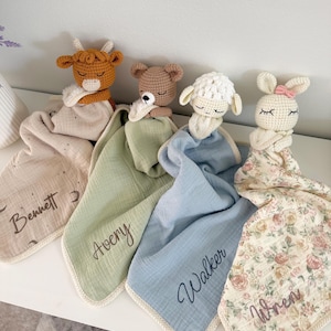 Personalized Crochet Animal Lovey Blankie: Organic Cotton Rattle Toy and Washcloth image 8