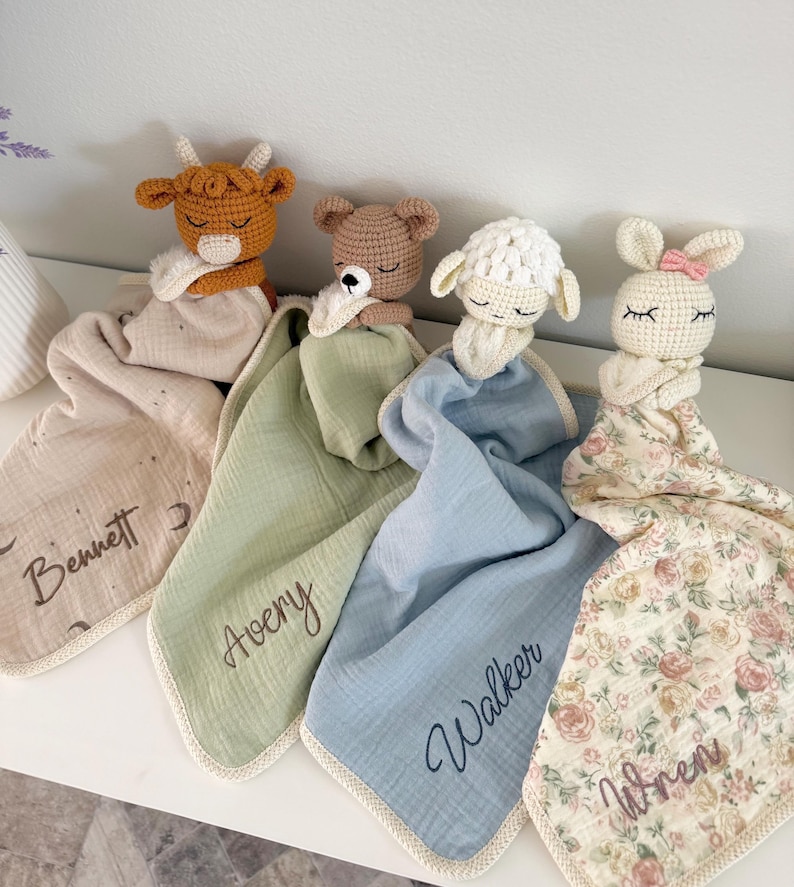 Personalized Crochet Animal Lovey Blankie: Organic Cotton Rattle Toy and Washcloth image 8