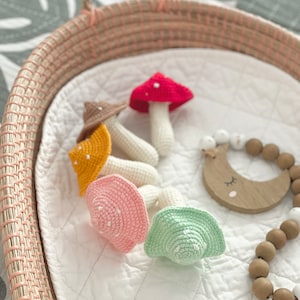 Baby Mushroom Rattle, Baby Gift, Baby Shower Gift, Organic Toadstool Toy, Custom Baby Shower Toy, Pretend Play Set, Woodland Nursery Gift